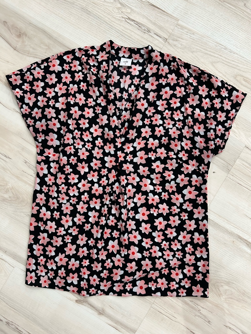 CAbi Black Floral Short-Sleeve V-Neck Blouse